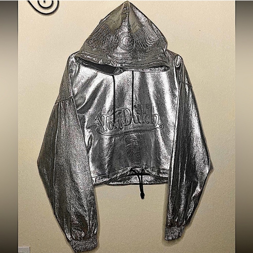 VINTAGE Y2K VON DUTCH CROPPED SILVER METALLIC HOODIE SZ LG UNISEX